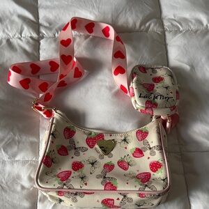 Betsey Johnson Cream Strawberry Print Crossbody with Pink Heart Strap